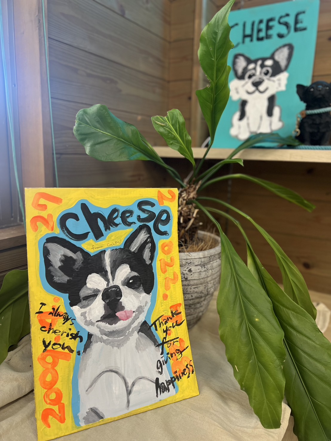 愛犬チーズを描いた作品とsay.cheeseアトリエの展示
