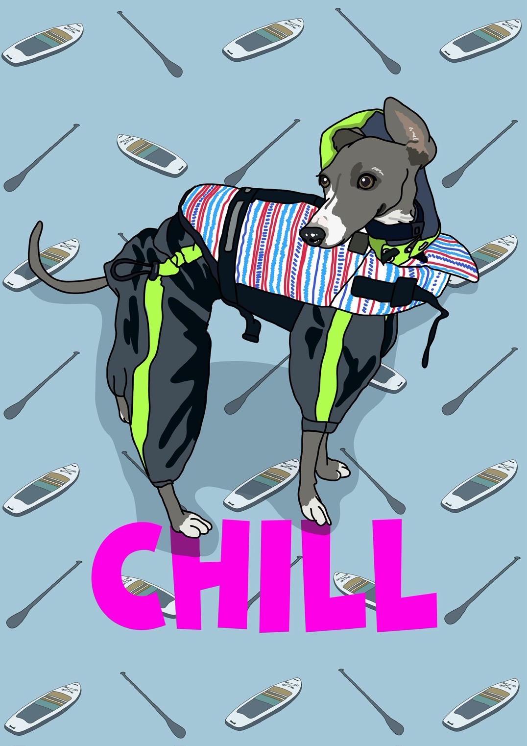 ライフジャケットを着た愛犬CHILLの似顔絵