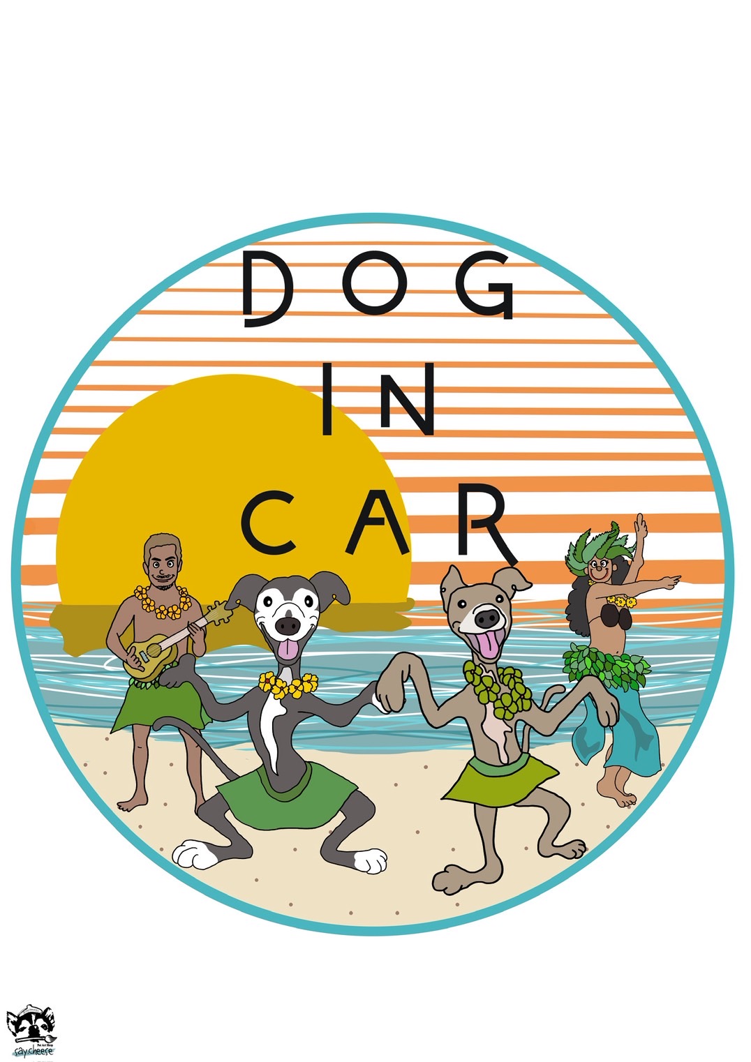 海辺で踊る愛犬たちを描いた似顔絵