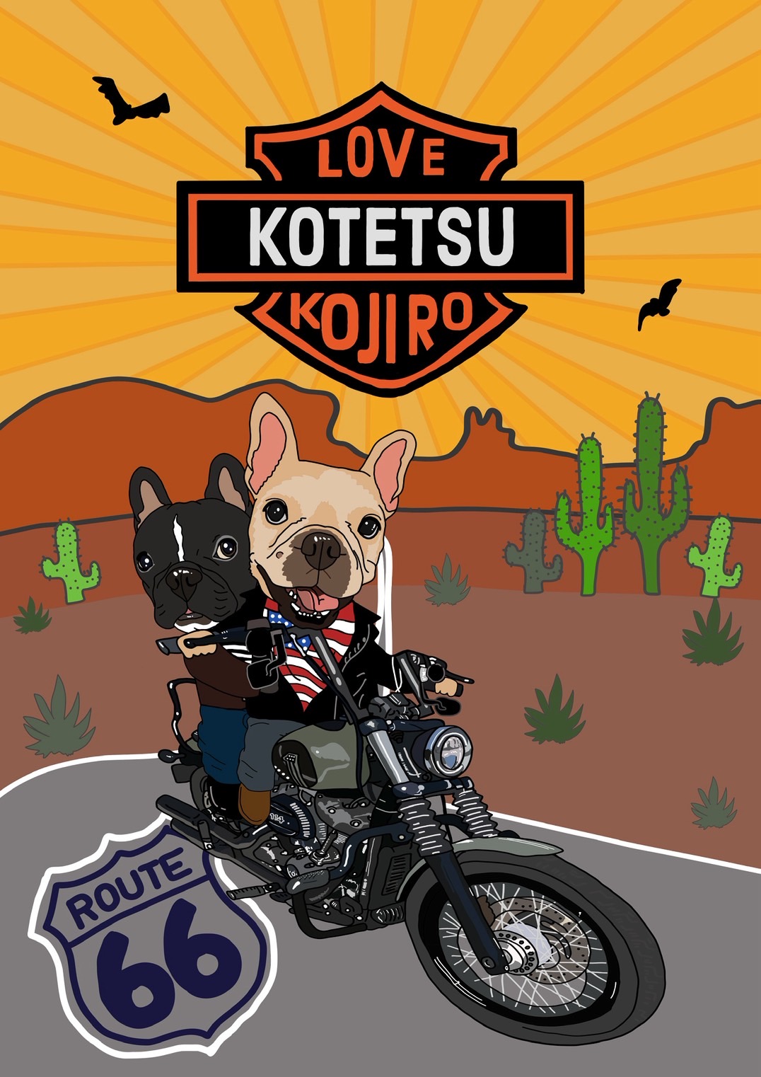バイクに乗る愛犬たちを描いた似顔絵